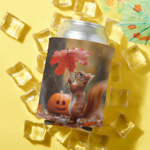 Cute Squirrel with a Leaf Umbrella - Autumn Rain Can Cooler