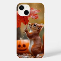Cute Squirrel with a Leaf Umbrella - Autumn Rain