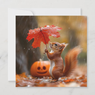 Cute Squirrel with a Leaf Umbrella - Autumn Rain Holiday Card