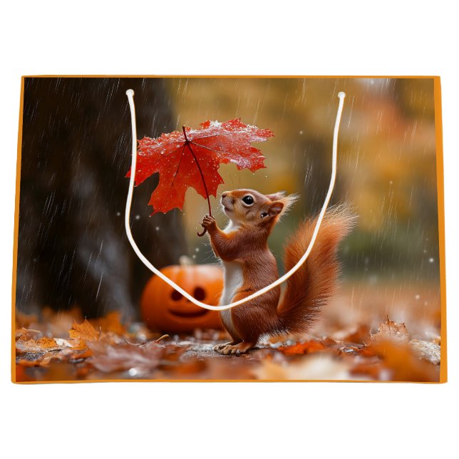 Cute Squirrel with a Leaf Umbrella - Autumn Rain Large Gift Bag (Front)