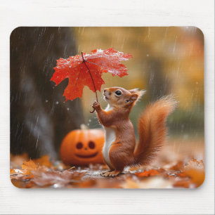Cute Squirrel with a Leaf Umbrella - Autumn Rain Mouse Mat