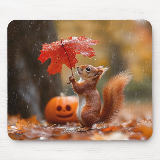 Cute Squirrel with a Leaf Umbrella - Autumn Rain Mouse Mat (Front)