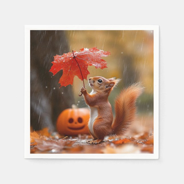 Cute Squirrel with a Leaf Umbrella - Autumn Rain Napkin (Front)