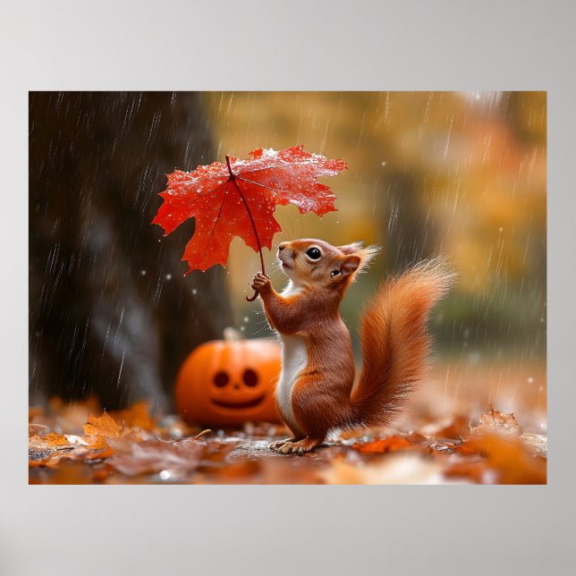 Cute Squirrel with a Leaf Umbrella - Autumn Rain Poster (Front)