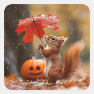 Cute Squirrel with a Leaf Umbrella - Autumn Rain Square Sticker
