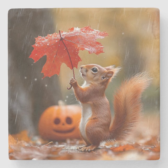 Cute Squirrel with a Leaf Umbrella - Autumn Rain Stone Coaster (Front)