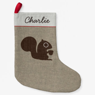 Cute Squirrel with Acorn Faux Linen Style Small Christmas Stocking