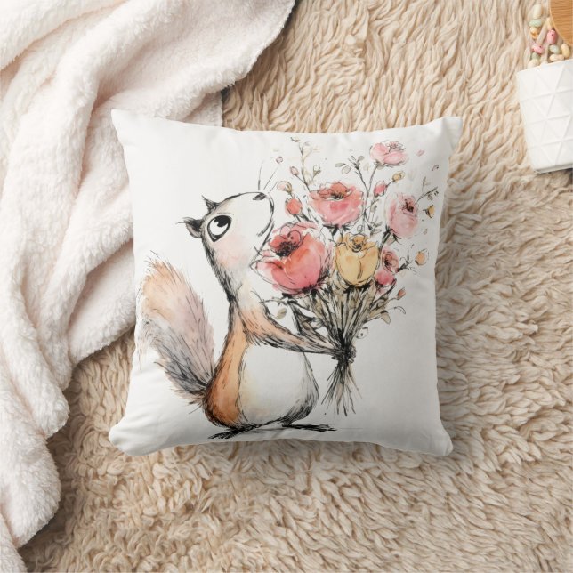Cute Squirrel with Flower Bouquet Cushion (Blanket)