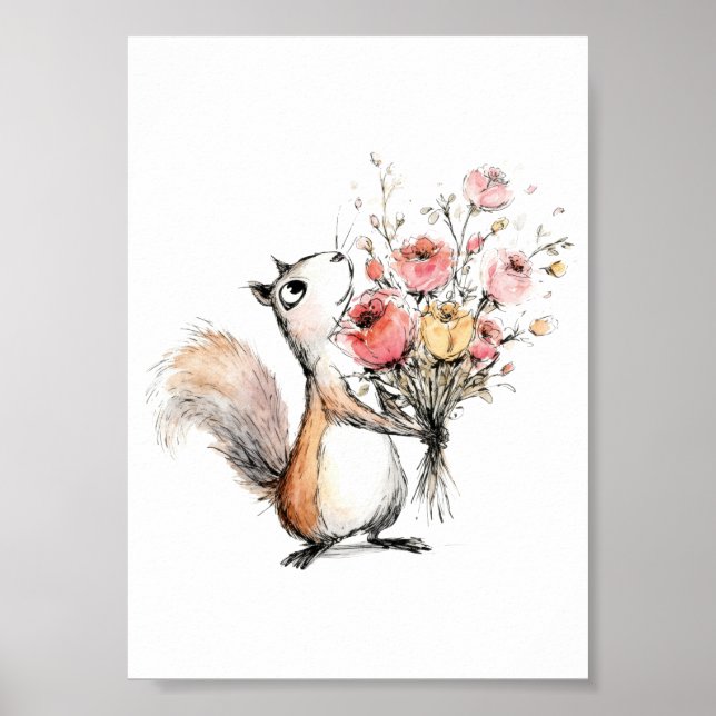 Cute Squirrel with Flower Bouquet Poster (Front)