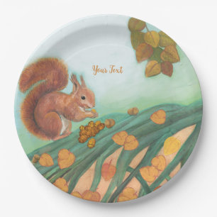 Cute Squirrel with hazelnuts illustration custom Paper Plate