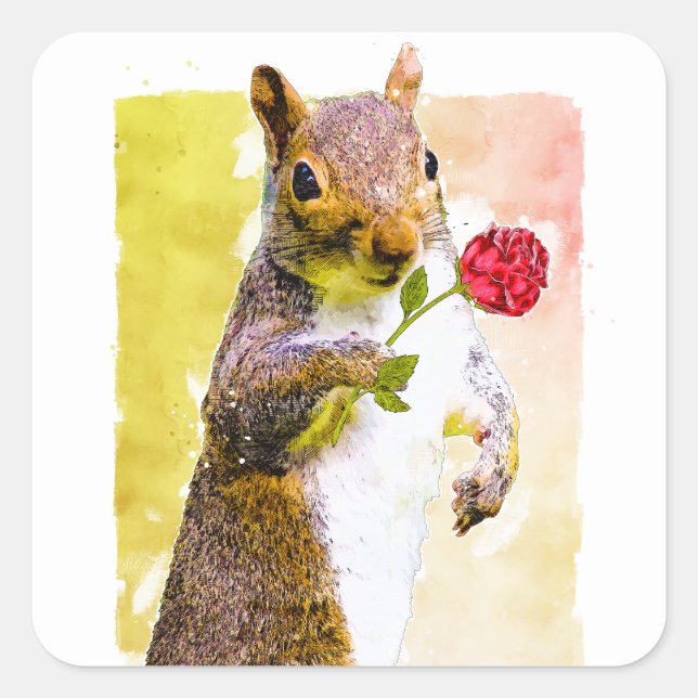 Cute Squirrel with Red Rose Watercolor Envelope Square Sticker (Front)