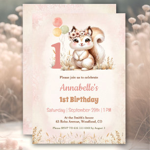 Cute Squirrel Woodland Boho Girl 1st Birthday  Invitation