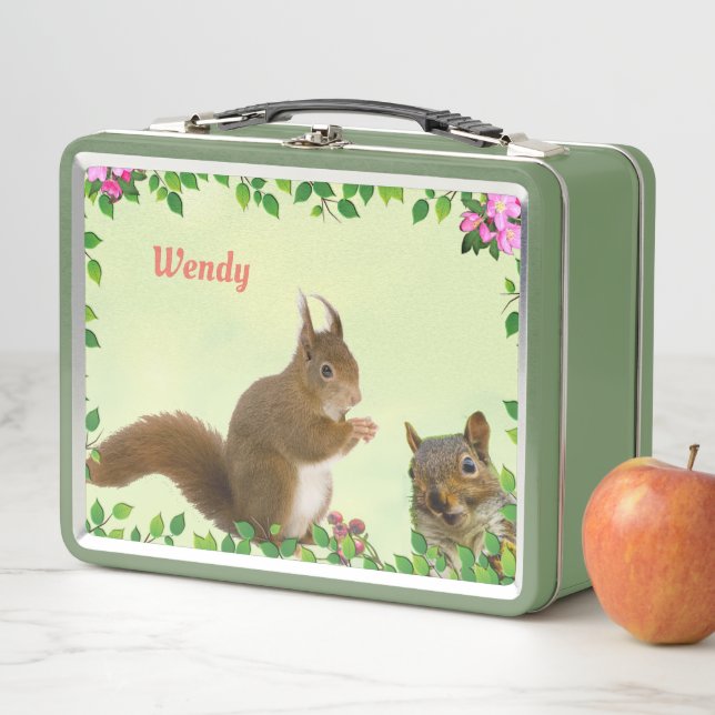 Cute Squirrels & Apple Flowers on Light Green Metal Lunch Box (In Situ)
