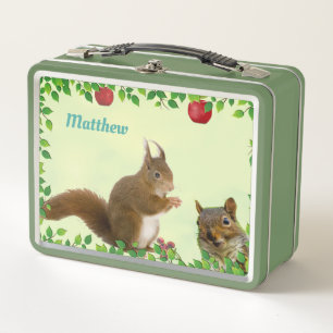 Cute Squirrels & Apple Fruits  on Light Green Metal Lunch Box