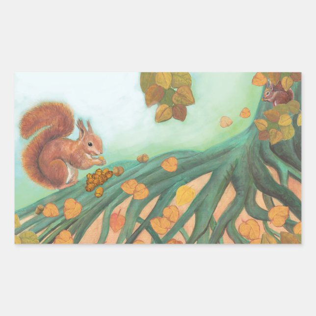 Cute Squirrels Eating Hazelnuts Illustration   Rectangular Sticker (Front)