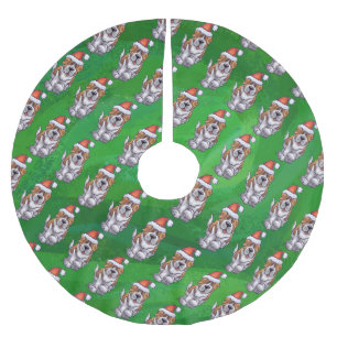 Cute St. Bernard in Hat Pattern on Green Brushed Polyester Tree Skirt
