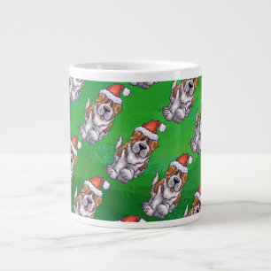 Cute St. Bernard in Hat Pattern on Green Large Coffee Mug