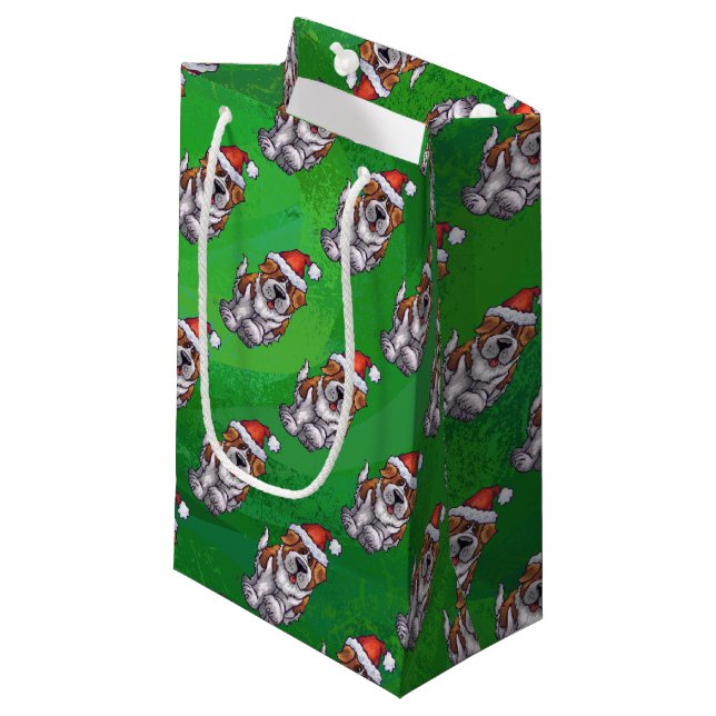 Cute St. Bernard in Hat Pattern on Green Small Gift Bag (Front Angled)