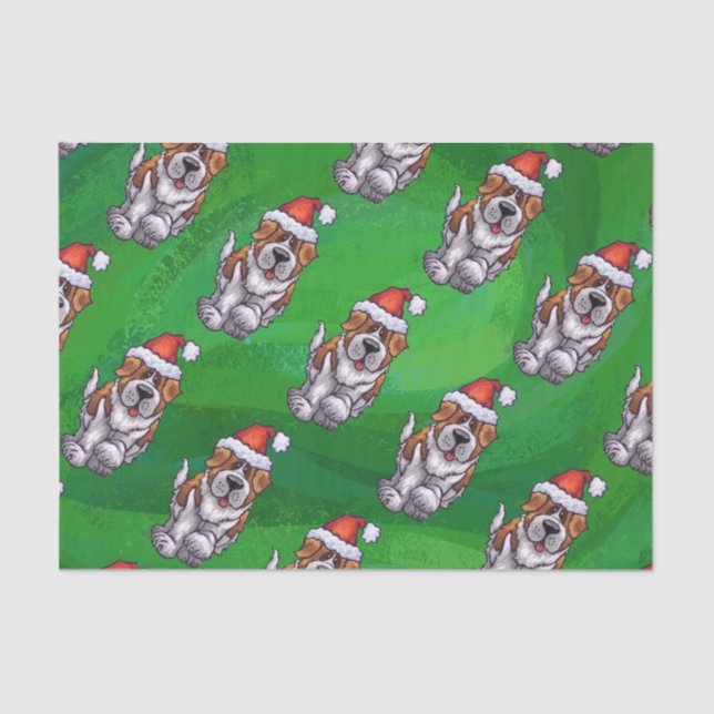 Cute St. Bernard in Hat Pattern on Green Tissue Paper (Front)