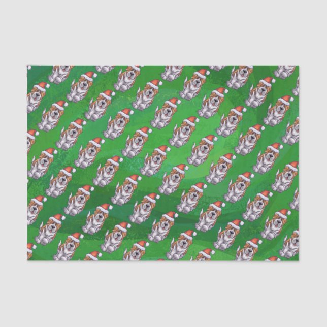 Cute St. Bernard in Hat Pattern on Green Tissue Paper (Front)