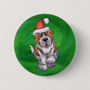 Cute St. Bernard in Santa Hat on Green 6 Cm Round Badge