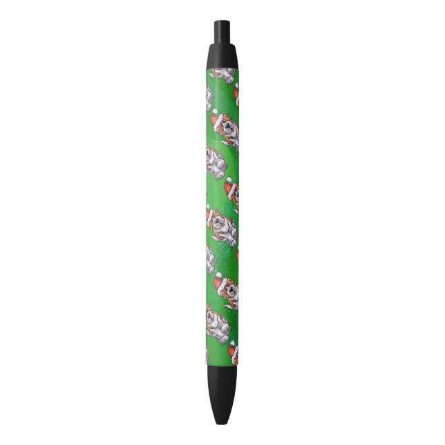 Cute St. Bernard in Santa Hat on Green Black Ink Pen (Front Vertical)