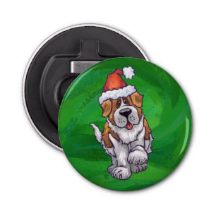 Cute St. Bernard in Santa Hat on Green Bottle Opener