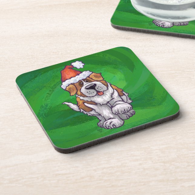 Cute St. Bernard in Santa Hat on Green Coaster (Left Side)