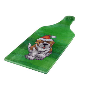 Cute St. Bernard in Santa Hat on Green Cutting Board