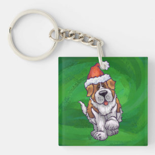 Cute St. Bernard in Santa Hat on Green Key Ring