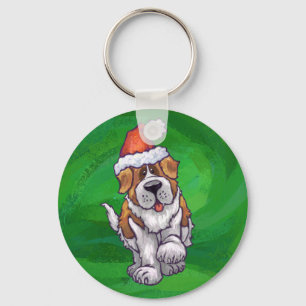Cute St. Bernard in Santa Hat on Green Key Ring