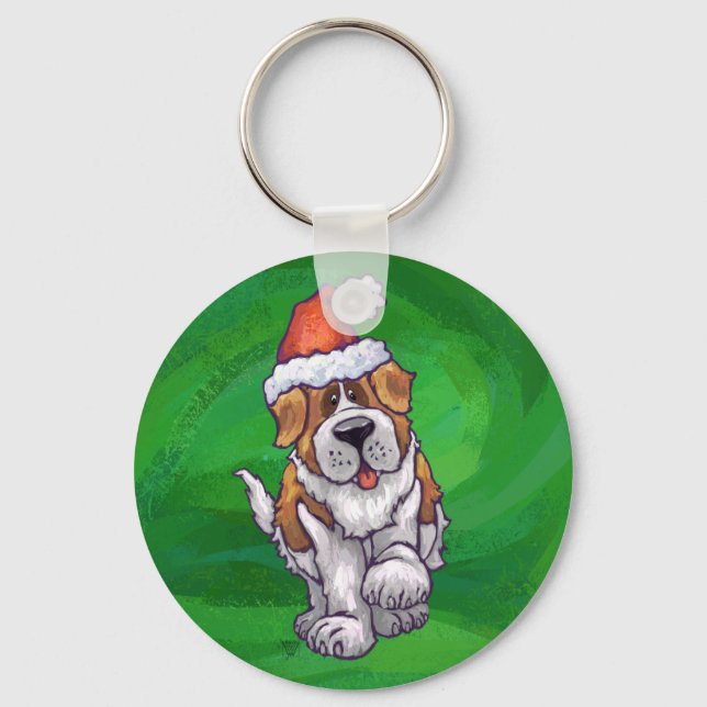 Cute St. Bernard in Santa Hat on Green Key Ring (Front)