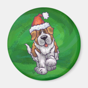 Cute St. Bernard in Santa Hat on Green Magnet