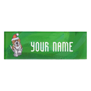 Cute St. Bernard in Santa Hat on Green Name Tag