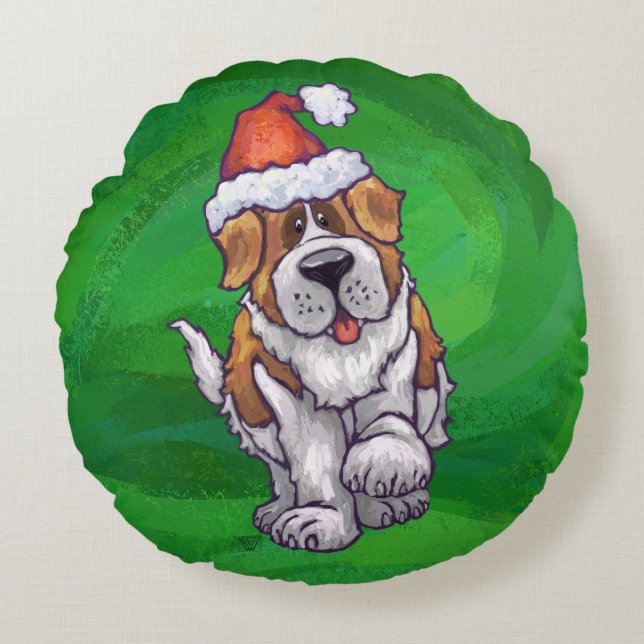 Cute St. Bernard in Santa Hat on Green Round Cushion (Front)