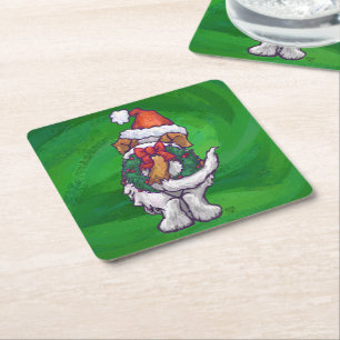 Cute St. Bernard in Santa Hat on Green Square Paper Coaster