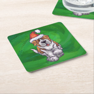 Cute St. Bernard in Santa Hat on Green Square Paper Coaster