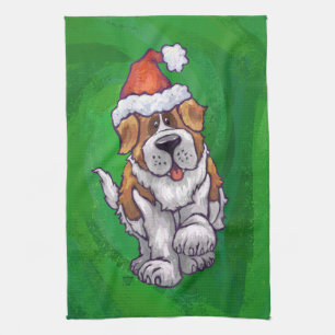 Cute St. Bernard in Santa Hat on Green Tea Towel
