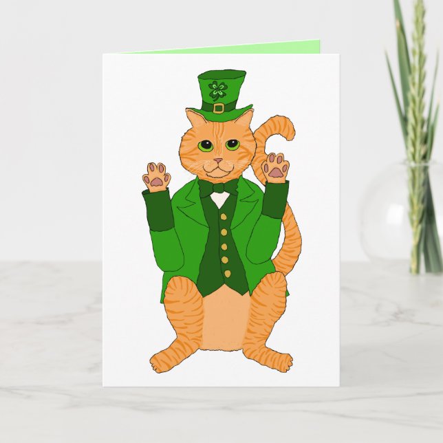 Cute St Catricks Day Funny Lucky Cat Leprechaun Card (Front)