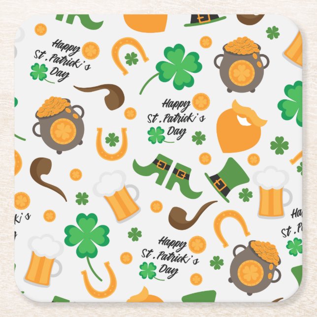 Cute St. Paddy's Day Irish Themed Pattern Square Paper Coaster (Front)