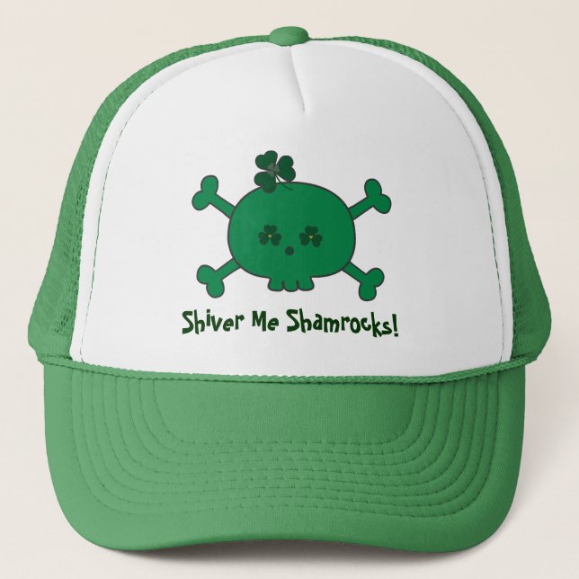 Cute St Paddy's Pirate Skull Shiver Me Shamrocks Trucker Hat (Front)