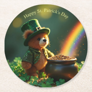 Cute St. Patrick’s Day Teddy Bear Round Paper Coaster