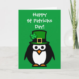 Cute St Patricks Day card with leprechaun penguin
