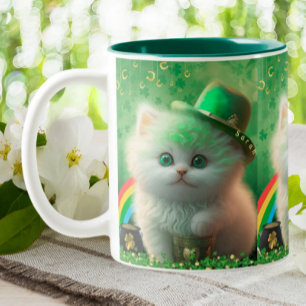 Cute St Patricks Day Cat Rainbow Gold Personalised Two-Tone Coffee Mug