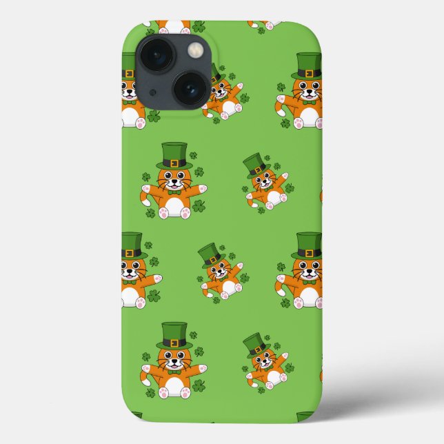 Cute St Patrick's Day Cat with Shamrocks Cartoon Case-Mate iPhone Case (Back)