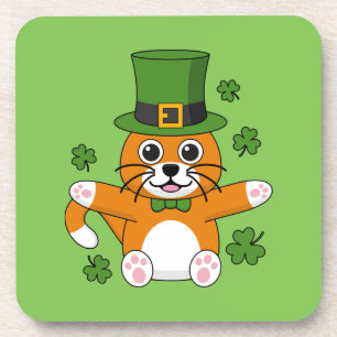 Cute St Patrick's Day Cat with Shamrocks Cartoon Coaster