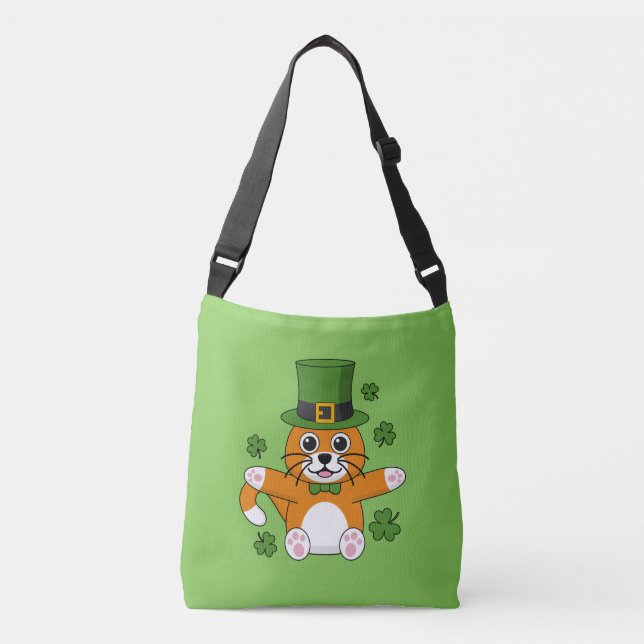 Cute St Patrick's Day Cat with Shamrocks Cartoon Crossbody Bag (Front)
