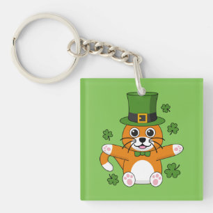 Cute St Patrick's Day Cat with Shamrocks Cartoon Key Ring