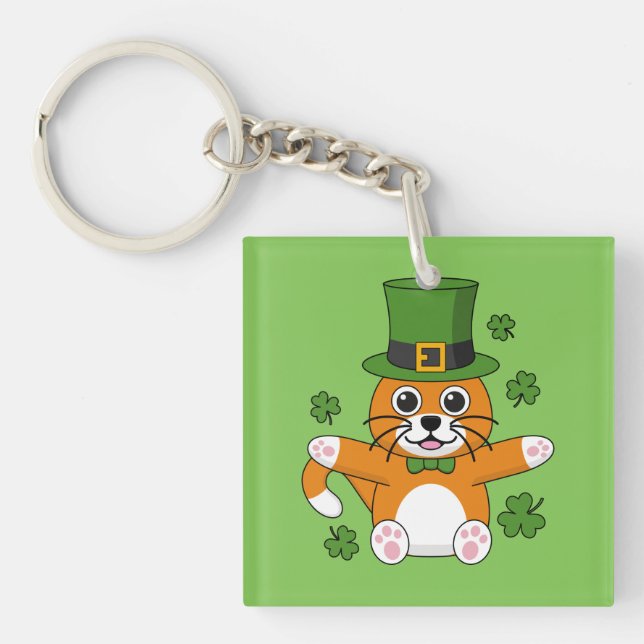 Cute St Patrick's Day Cat with Shamrocks Cartoon Key Ring (Front)