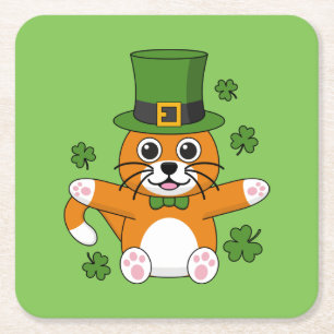 Cute St Patrick's Day Cat with Shamrocks Cartoon Square Paper Coaster